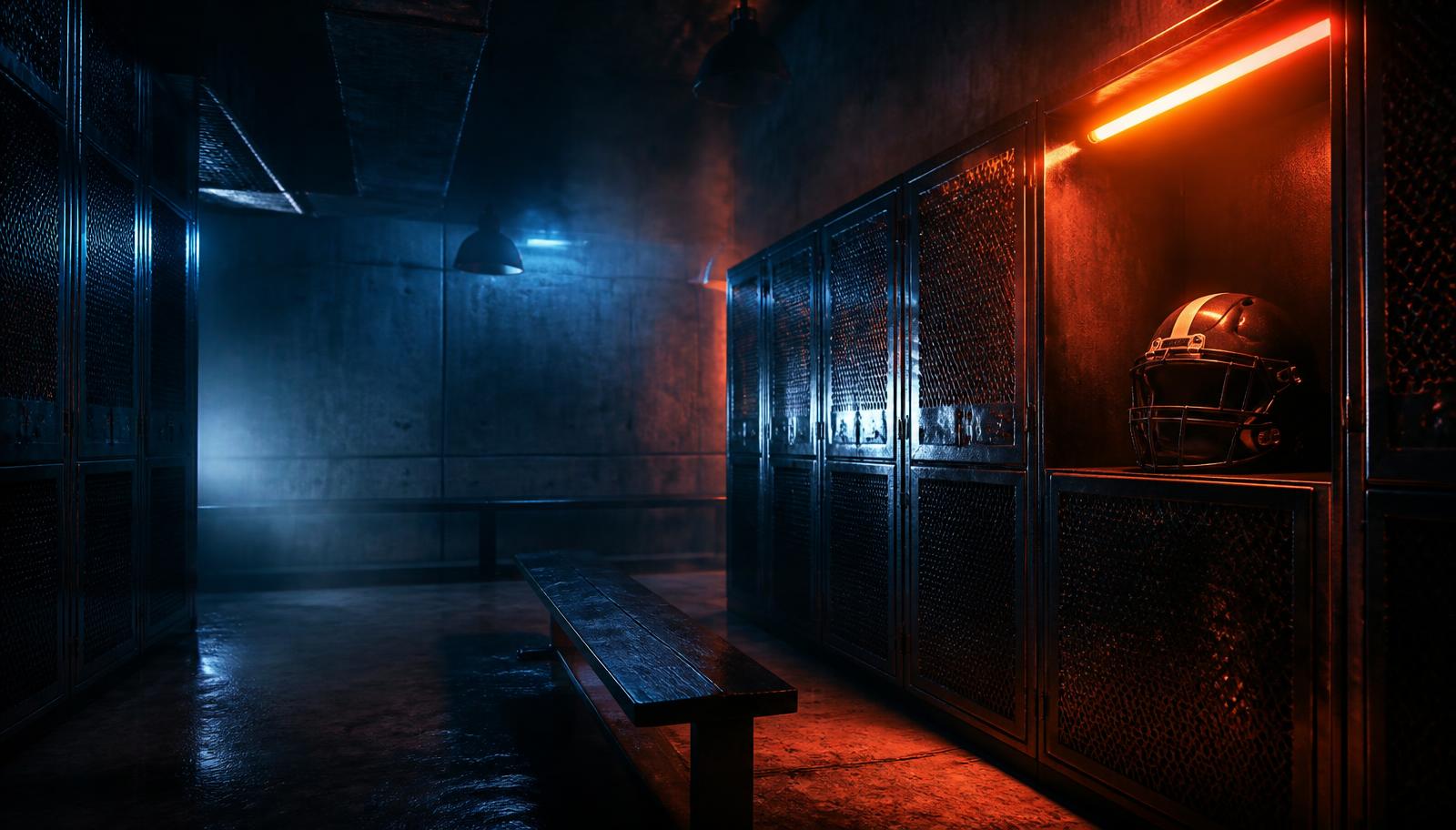 Neon-lit fantasy football locker room